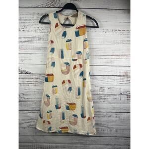 Anouk Dress Women's Size S Cream Multicolor Abstract Print Linen Blend A-Line